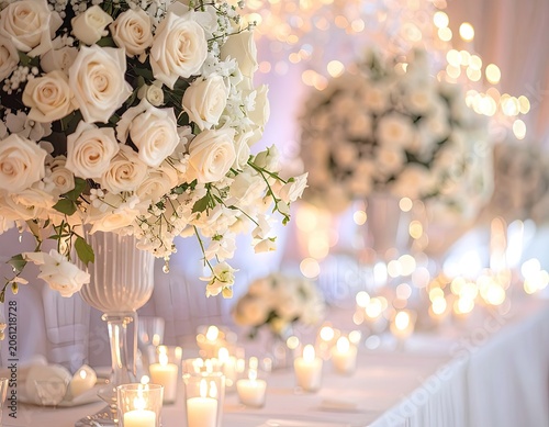 Elegant white rose centerpiece and flickering candles on a decorated table.