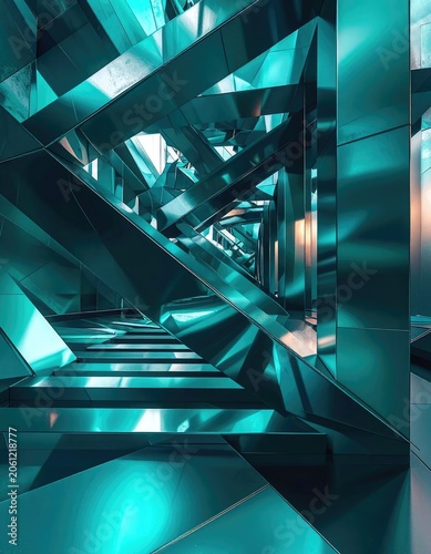 Abstract geometric structure with metallic teal surfaces and complex angles.