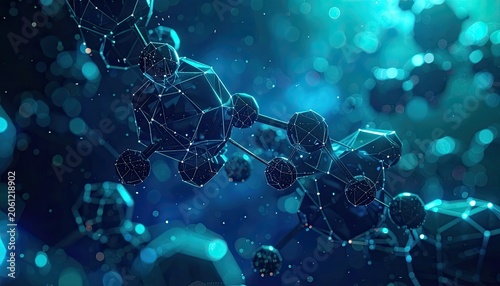 Abstract representation of a molecular structure with interconnected nodes and glowing particles.