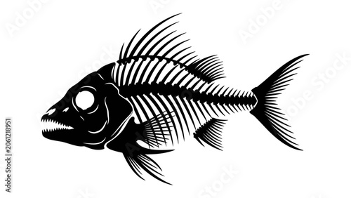 Photos Fish Skeleton Illustration: A stark, black and white illustration depicts the complete skeleton of a fish, showcasing its intricate bone structure and fin rays in detail