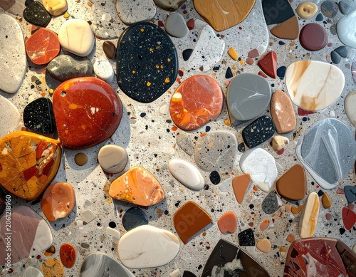 A close-up view of a terrazzo surface featuring a variety of colorful stones and pebbles.