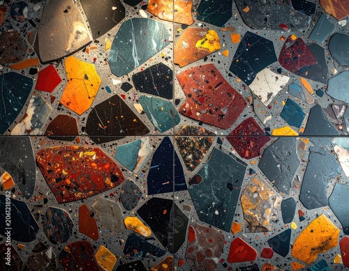 A detailed overhead view of a colorful terrazzo floor with irregular geometric shapes.