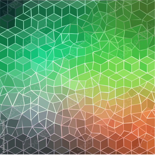 Geometric abstract background with hexagonal gradient pattern in green and orange tones