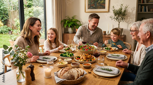 Three generations of a happy family sharing food and laughter during a festive dinner celebration at home.