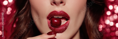 Womans mouth with red glitter lipstick holding cherry, sensuous beauty concept against red bokeh background