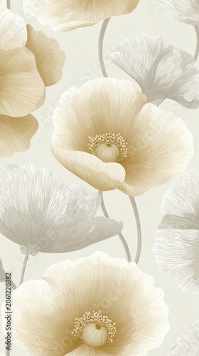 Stylized poppy flowers in light golden and grey tones creating elegant wallpaper pattern
