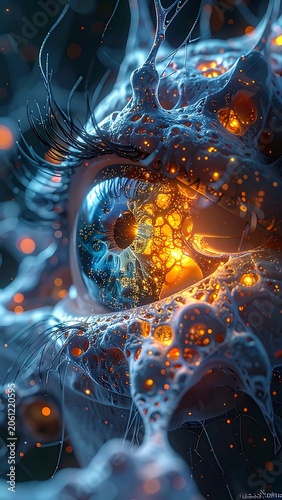 A surreal, glowing blue eye with vibrant orange lights
