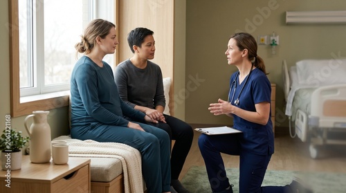 Two women with nurse in respectful healthcare recovery suite