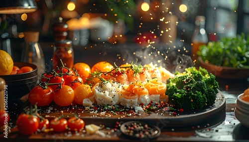 A vibrant kitchen scene with fresh food
