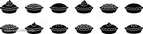 Pie vector icon set. various sweet pastry pies flat silhouettes on transparent background for desserts.
