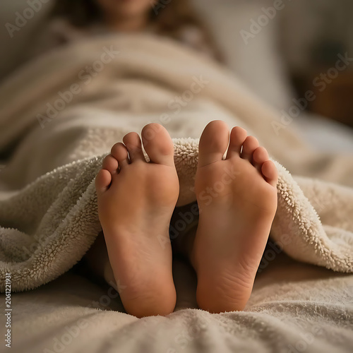 Bare Feet of a Person Resting Peacefully Under a Cozy Blanket in Bed During the Morning.