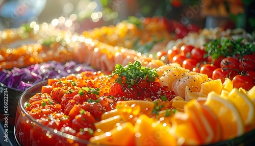 A vibrant platter of assorted sushi rolls with garnishes