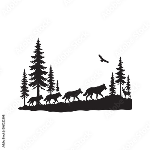 Wolf pack silhouette crossing forest landscape, wildlife vector design