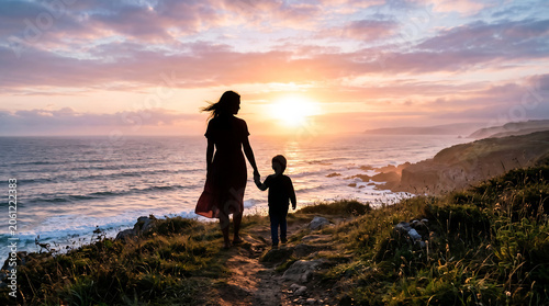 A Heartwarming Moment of Connection Between Mother and Son at Sunset.