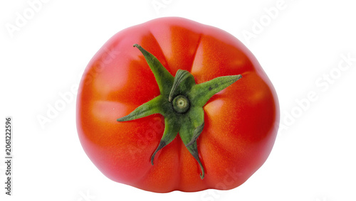 Fotografía Ripe red tomato with green stem and leaves