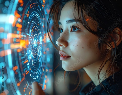A woman interacts with a futuristic, circular interface