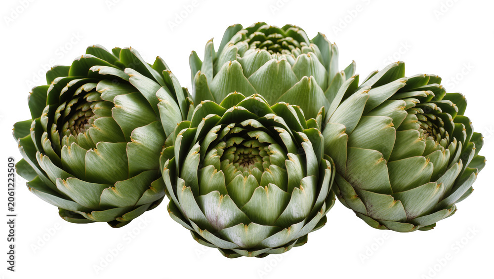 Fototapeta premium Group of fresh green artichokes with layered petals