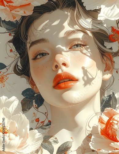 A woman's face surrounded by flowers and leaves