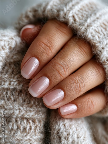 A detailed shot of a woman's hands with perfect, clear nail polish, resting on a soft cashmere throw