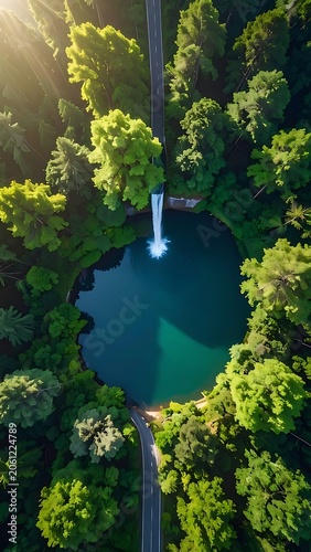 Aerial view of a serene pond surrounded by lush greenery and a winding road