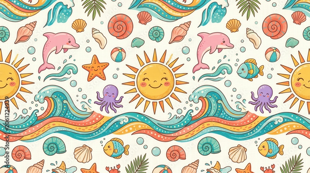 Fototapeta premium Vibrant pattern showing happy sun, swimming dolphins, playful octopuses, fish, and seashells