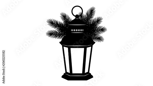 Fotografie Lantern with Pine Sprig Silhouette: A stark black silhouette of an antique lantern adorned with a fragrant pine sprig, evoking a sense of rustic winter charm and festive spirit