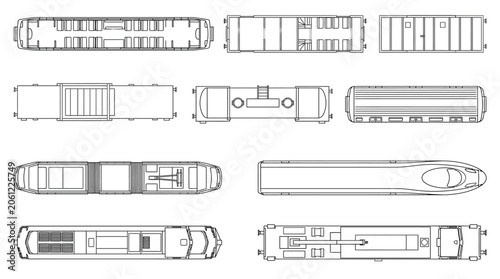 Top View Blueprint Set of Various Train Carriages and Locomotives.