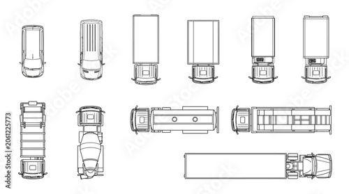 Top view set of various truck types and logistics vehicle outlines.