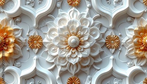 Ornate white and gold floral pattern on white background