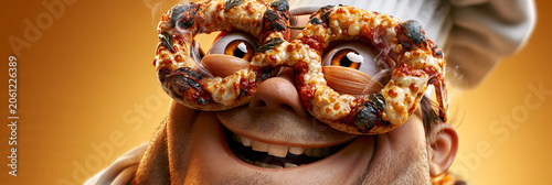 Playful Surreal Portrait of a Smiling Chef Wearing Pizza-Shaped Glasses, Symbolizing Pizza Obsession, with Vibrant Orange Background and Studio Lighting. Generative Ai.