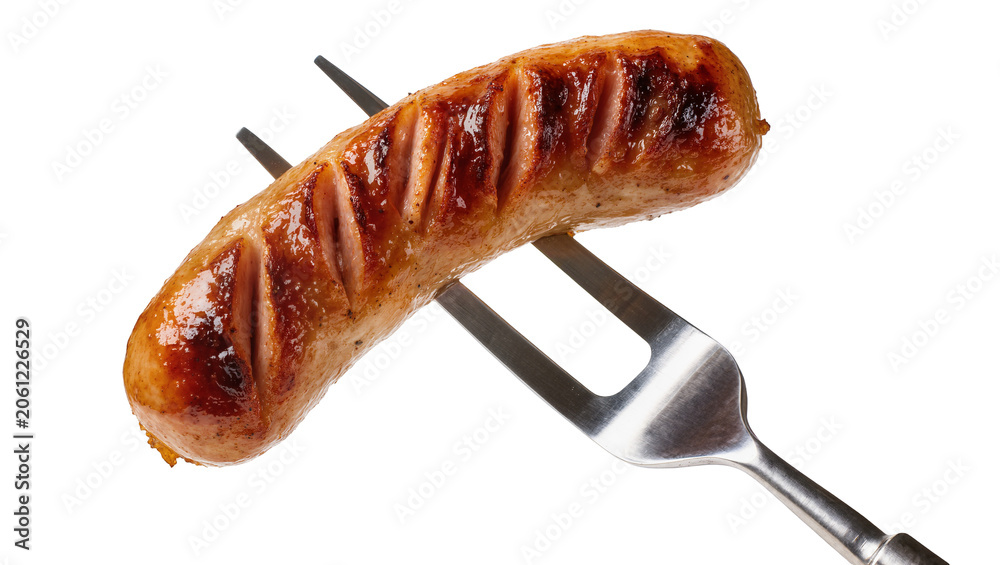 Naklejka premium Grilled sausage on metal fork with grill marks