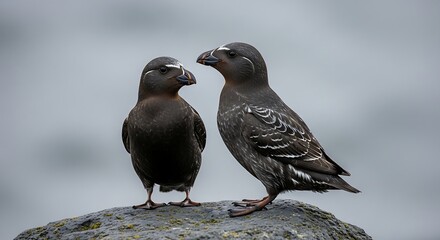 Two seabirds perched on rock against misty coastal backdrop