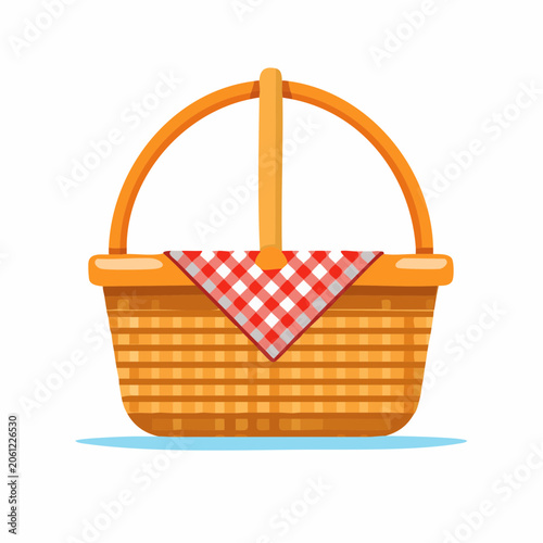 Wicker Picnic Basket with Red and White Gingham Cloth