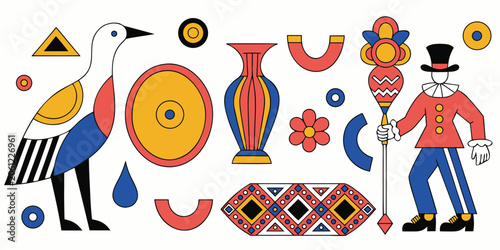 Foto Colorful folk art vector illustration with a crane, vases, decorative elements a
