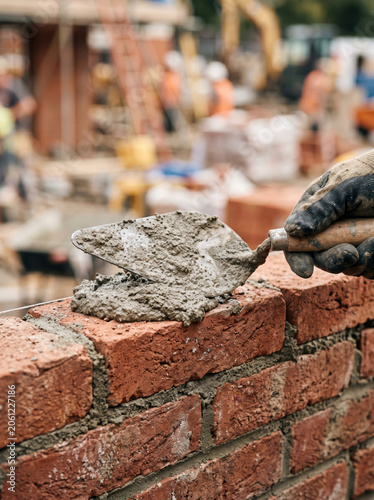 Bricklayer Worker Hand Applying Mortar Mix Using Industrial Trowel