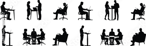 Collection of business people silhouettes working on laptops and in meetings vector illustration.
