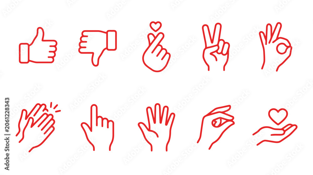 Fototapeta premium Minimalist red line hand gesture icons, set of 10 human hand signs and finger symbols, modern outline vector illustrations for social media and UI design