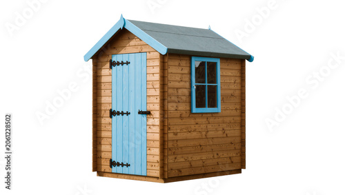 Konstfotografi Wooden garden shed with blue doors and window