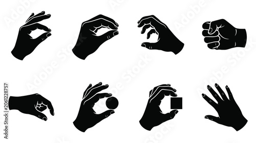 Fotografía Black hand silhouettes set, human hand gestures and palm poses vector collection