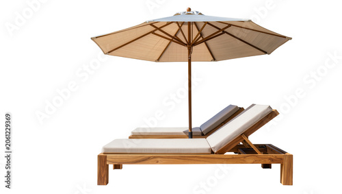 Quadro em tela Wooden chaise lounges with cushions and umbrella