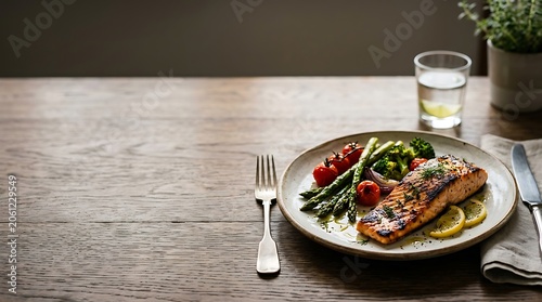 Grilled salmon with asparagus and tomatoes on a wooden table