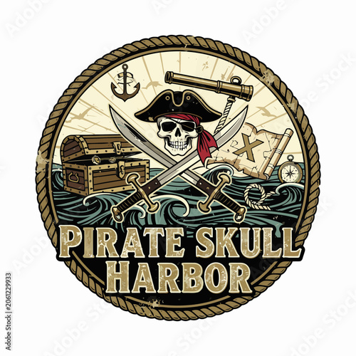 Fotografija Detailed nautical badge depicting a pirate skull with a tricorne hat, treasure chest, map, and anchor within a rope border