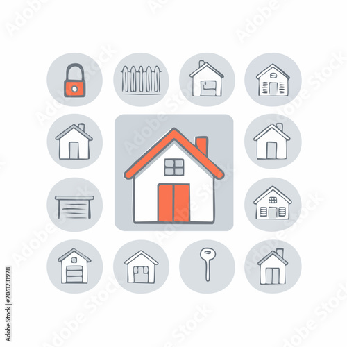 Real estate and home concept icons collection with central house symbol