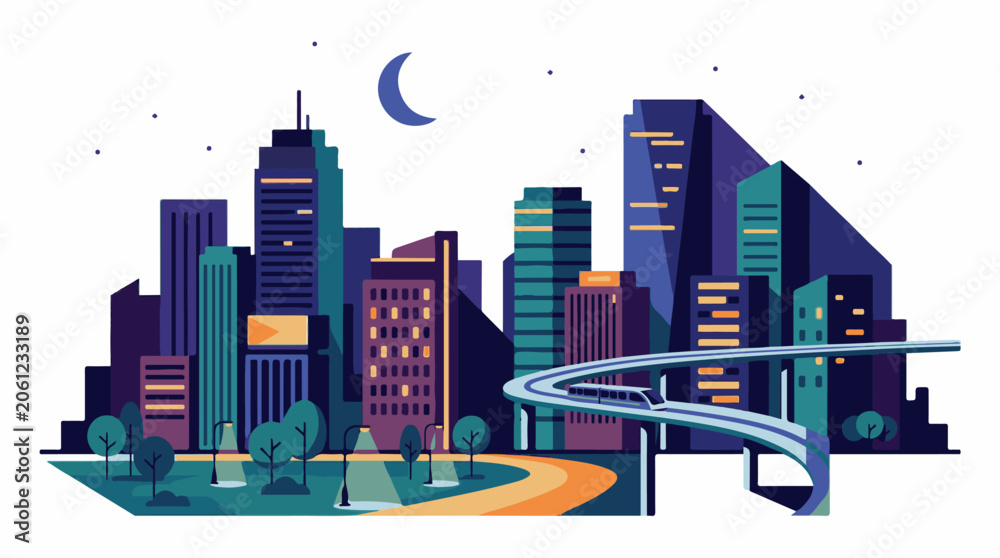 Obraz premium A cityscape at night featuring a curved elevated road and tall buildings