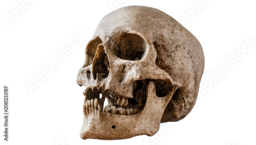 Photography Human skull with mandible and teeth, aged bone texture