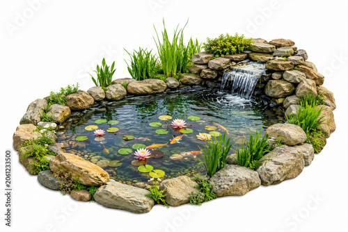 Beautiful Peaceful Garden Pond with Small Waterfall and Water Lilies