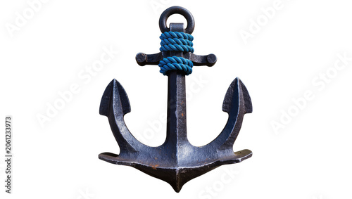 Heavy metal anchor with blue rope detail