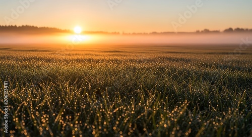 Golden sunrise over wheat field, foggy landscape, rural scenery, natural beauty