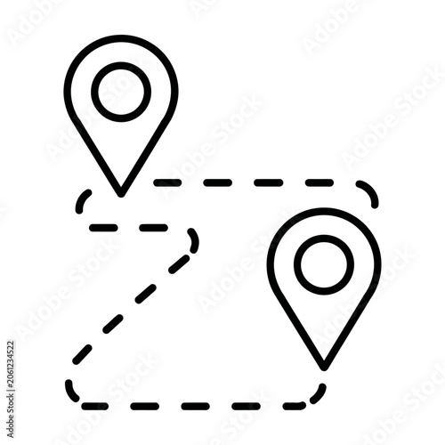 Simple location path vector icon showing a navigation route between two map pin markers