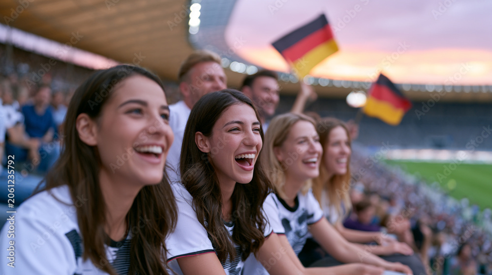 Fototapeta premium Enthusiastic German Football Fans Cheering in Stadium at Sunset During Championship Match